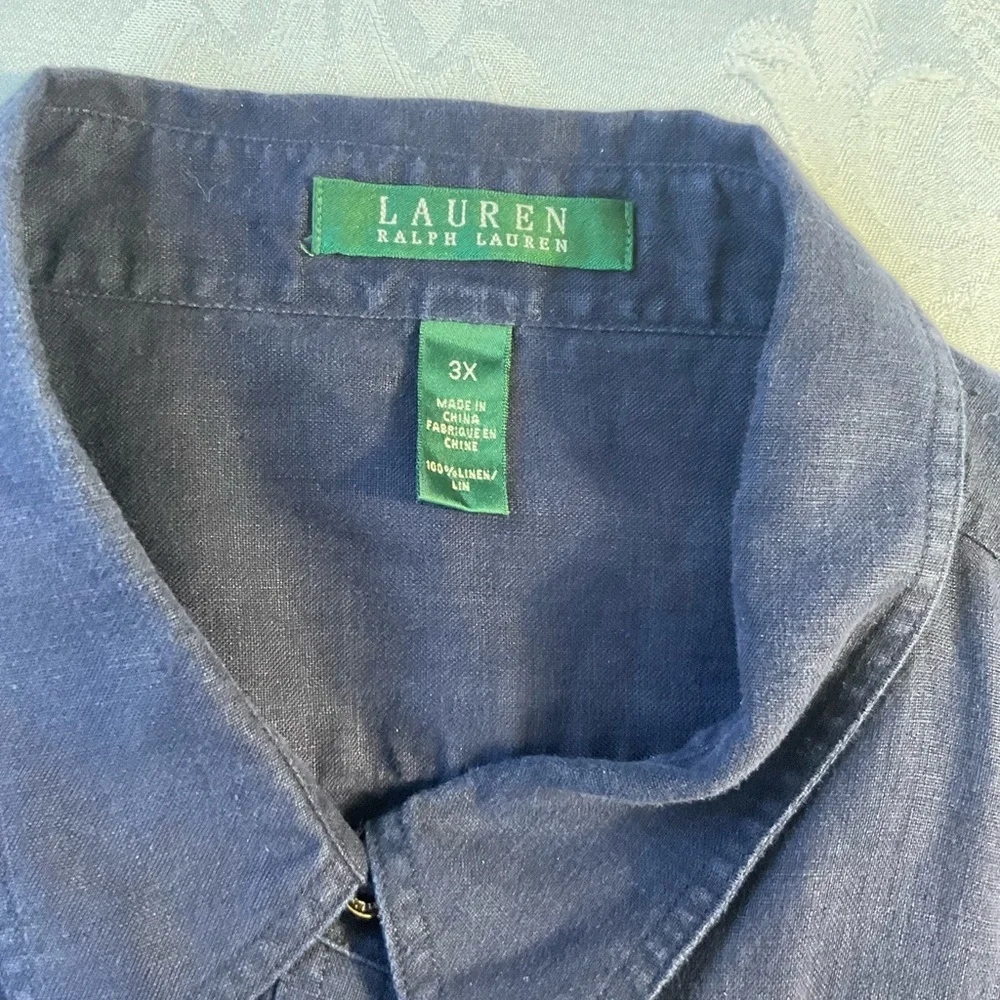 Lauren Ralph Lauren Shirt Womens 3X Navy Linen Button Front Roll Tab Tunic Top - Picture 3 of 6